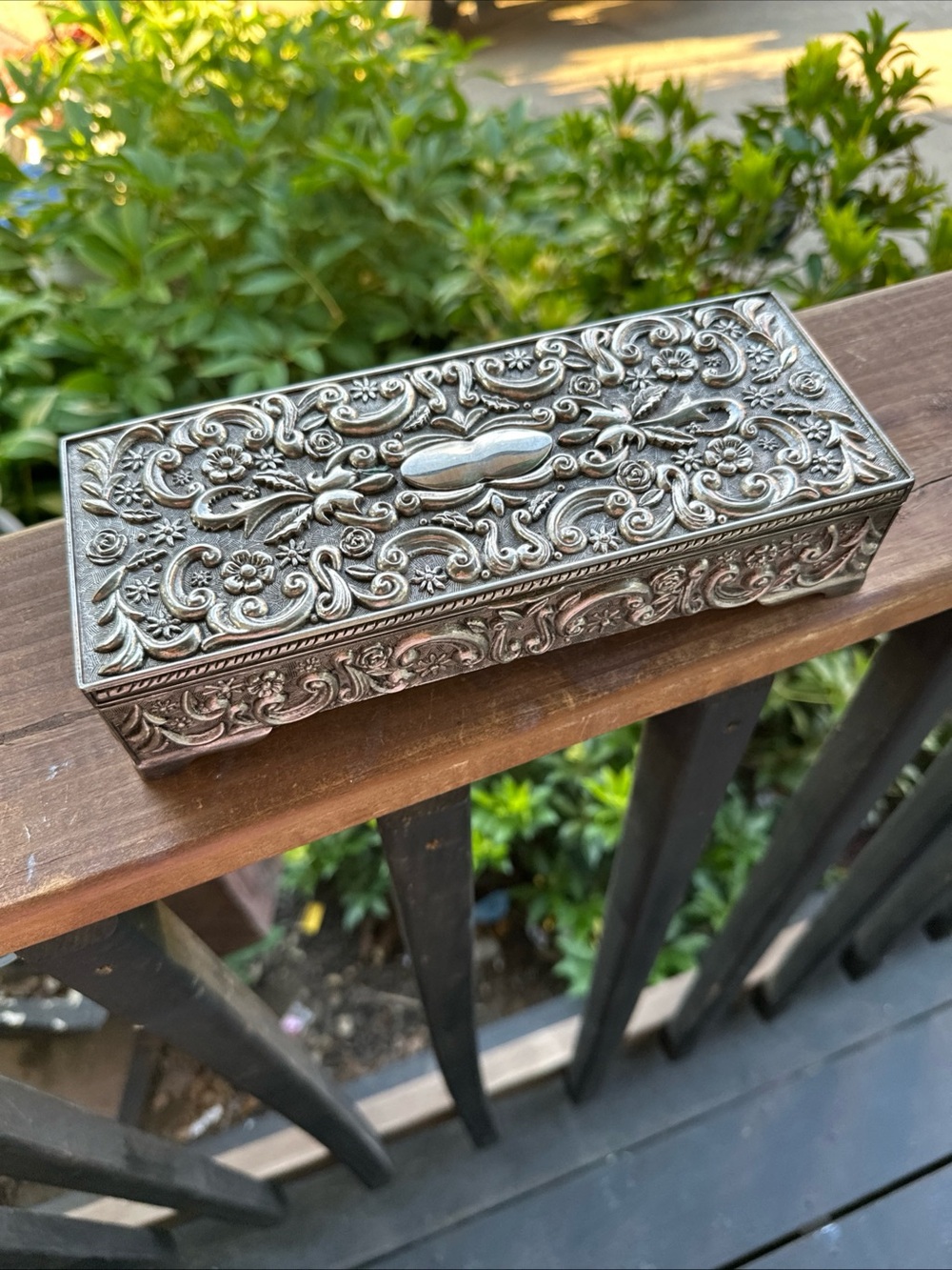 Godinger Silver Plated Ornate Floral Jewelry Box Integrated Mirror Velvet Lined
